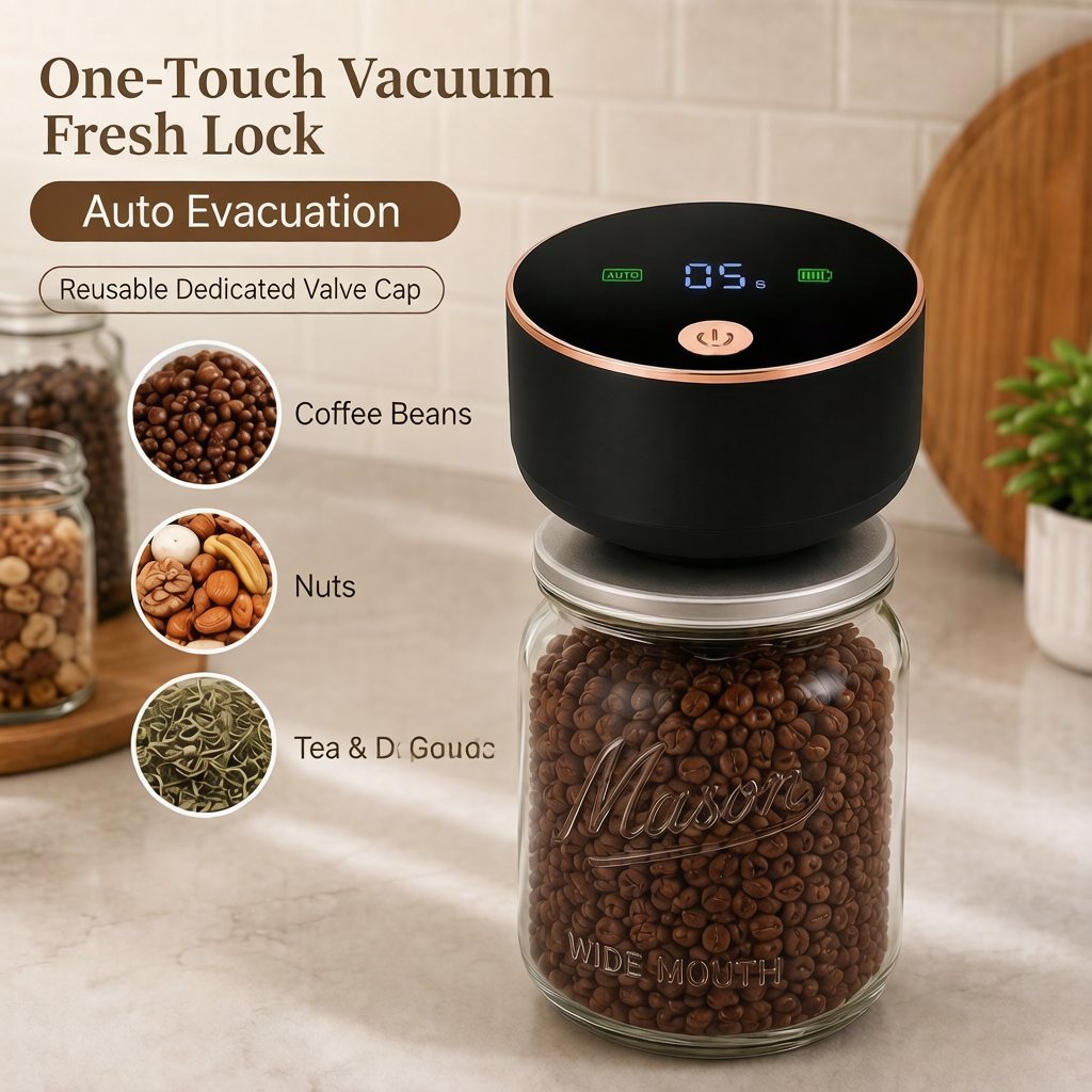 BHT-VS01 vacuum sealing a mason jar of coffee beans